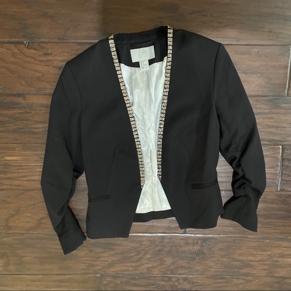 H&M Open Front Black Blazer Jacket Trim With Silver Chain Size 2 - Picture 5 of 12